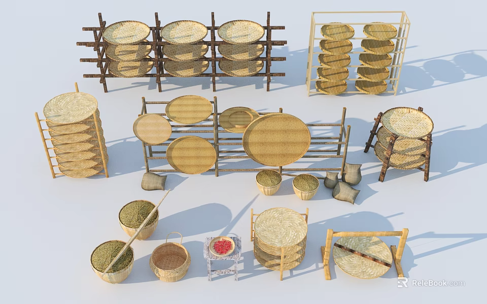 Woven Straw Garden Decor Pieces With Round Plates Stacked Racks And Baskets For Garden 3d model 
