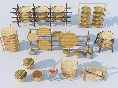 Woven Straw Garden Decor Pieces With Round Plates Stacked Racks And Baskets For Garden 3d model