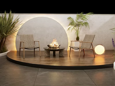 Woven Outdoor Chairs With Fire Pit On Wooden Deck And Green Plants 3d model