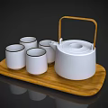 White Tea Set with Wooden Handle Teapot and Black Rim Cups on Wooden Tray