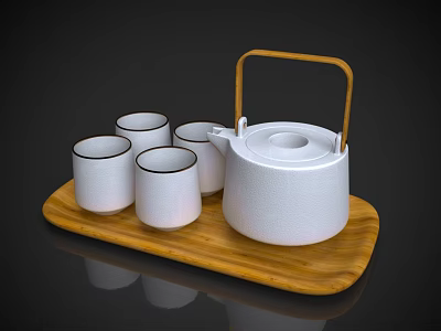 White Tea Set with Wooden Handle Teapot and Black Rim Cups on Wooden Tray 3d model