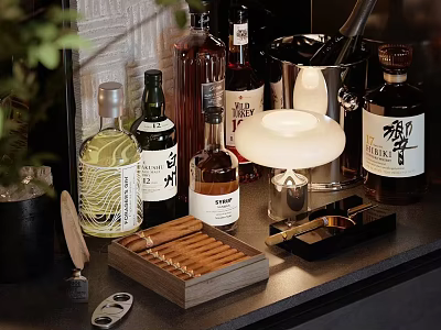 Elegant Home Bar Setup with Liquor Bottles Cigar Case Ice Bucket and Green Plant 3d model