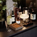 Elegant Home Bar Setup with Liquor Bottles Cigar Case Ice Bucket and Green Plant