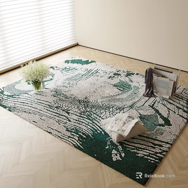 Square Rug Green White Leaf Pattern On Light Herringbone Floor With Vase White Flowers Magazine 3d model 