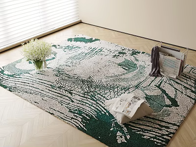 Square Rug Green White Leaf Pattern On Light Herringbone Floor With Vase White Flowers Magazine 3d model