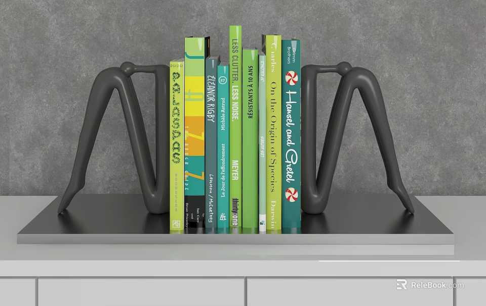 Decorative Ornament Set With Black Bookends And Colorful Books On Shelf 3d model 