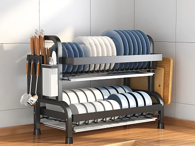 Stainless Steel Double Layer Kitchen Utensil Rack With Plates Bowls Knives And Cutting Boards 3d model