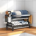 Stainless Steel Double Layer Kitchen Utensil Rack With Plates Bowls Knives And Cutting Boards