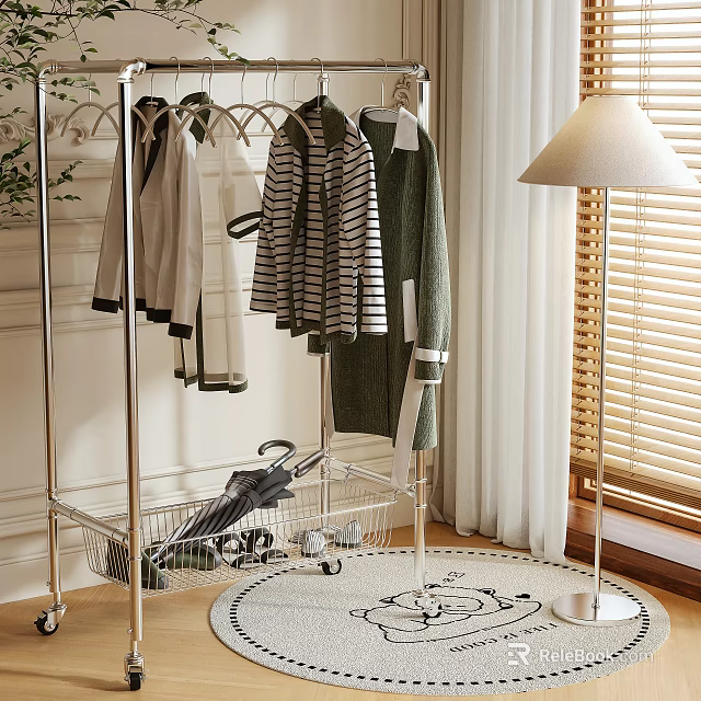 Standing Clothes Hanger With Hanging Garments Rolling Storage Basket And Floor Lamp Indoor 3d model 