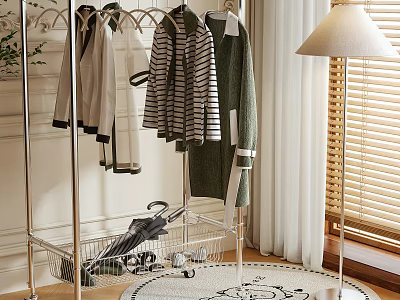 Standing Clothes Hanger With Hanging Garments Rolling Storage Basket And Floor Lamp Indoor 3d model