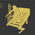 Metal Staircase With Yellow Handrails And Worker In Blue Work Uniform Orange Hard Hat