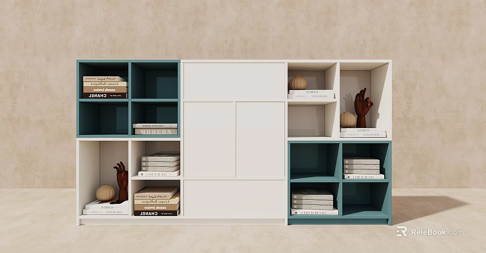 Modern Display Cabinet With White Teal Open Closed Storage Decorative Items And Stacked Books 3d model 
