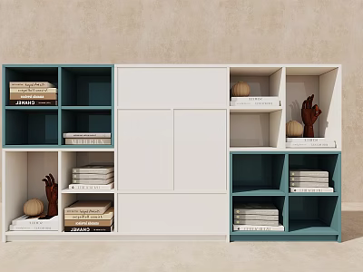 Modern Display Cabinet With White Teal Open Closed Storage Decorative Items And Stacked Books 3d model