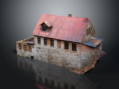 Vintage Old House Architecture With Red Roof Stone Walls And Wooden Windows 3d model