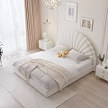 Cozy Bedroom Interior With Shell Shaped Headboard Beige Bed Curtains Pendant Lights And Decorative Paintings