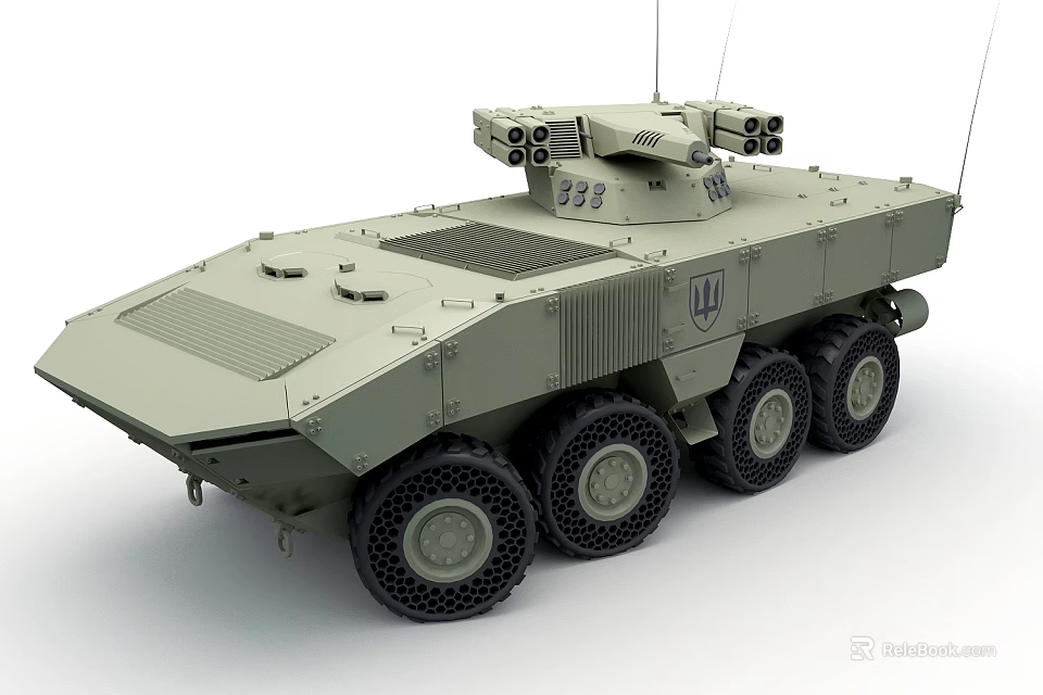 Military Green Wheeled Tank With Top Mounted Weapon System Number 333 And Badge 3d model 