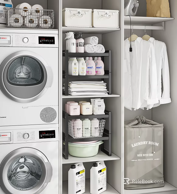 Organized Bathroom Cabinet Rack With Towels Detergent And Storage Baskets 3d model 