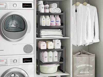Organized Bathroom Cabinet Rack With Towels Detergent And Storage Baskets 3d model