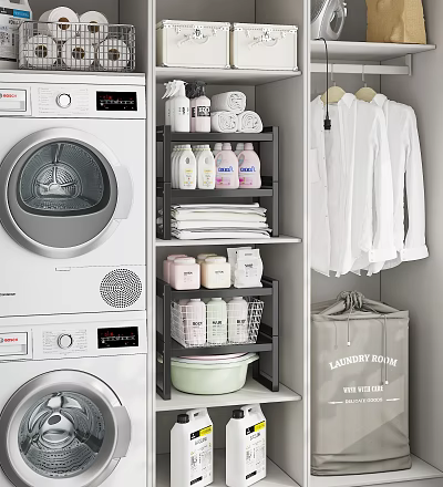 Organized Bathroom Cabinet Rack With Towels Detergent And Storage Baskets 3d model