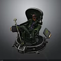 Green Clad Figure Seated On Tech Inspired Rotating Chair With Staff And Screens