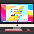 Apple iMac Desktop Computer With Pink Keyboard Mouse Transparent Mouse Pad And Colorful Interface Icons