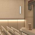 School Building Auditorium Interior With Rows Of White Seats And Large Projection Screen
