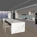Modern Restaurant Kitchen With Marble Island Cabinets Hanging Lights And City View