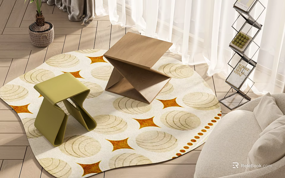 Light Green And Wooden Folding Stools On Patterned Rug 3d model