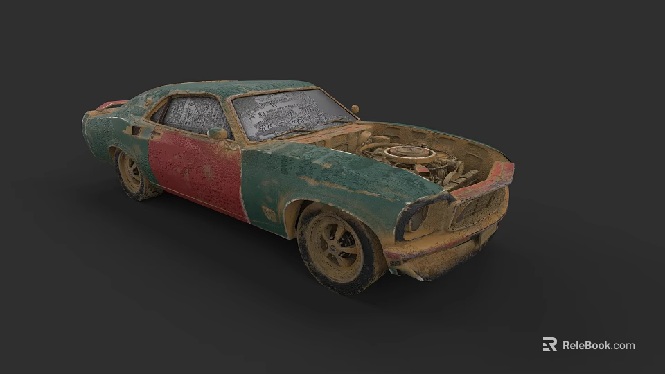 Rusty Old Vintage Car With Green Red Body Open Hood And Dusty Exterior 3d model 