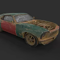 Rusty Old Vintage Car With Green Red Body Open Hood And Dusty Exterior