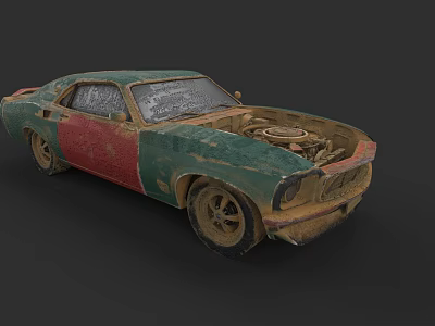 Rusty Old Vintage Car With Green Red Body Open Hood And Dusty Exterior 3d model