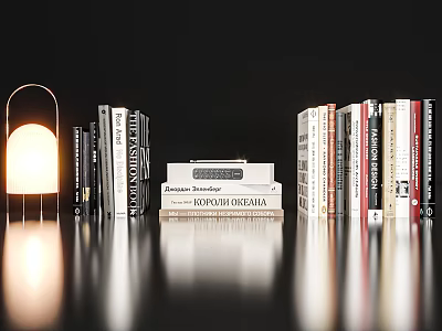 Decorative Ornament Set With Stacked Books And Illuminated Lamp On Reflective Tabletop Against Black Background 3d model