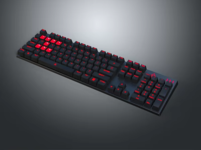 Full Size Black Mechanical Gaming Keyboard with Red Backlit Keycaps and Professional Design 3d model