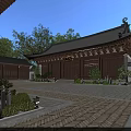 Ancient Chinese Architecture Main Hall With Traditional Roof Wooden Structure And Courtyard Green Plants