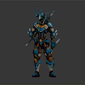 Sci Fi Warrior Character In Blue And Orange Mechanical Armor With Spiked Helmet And Weapons