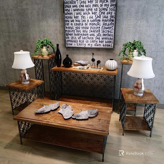 Rustic Wooden Coffee Table With Metal Frame Side Tables Lamps Green Plants And Wall Art 3d model 