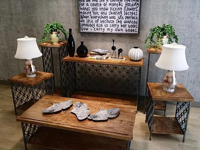 Rustic Wooden Coffee Table With Metal Frame Side Tables Lamps Green Plants And Wall Art 3d model