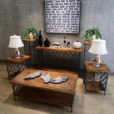 Rustic Wooden Coffee Table With Metal Frame Side Tables Lamps Green Plants And Wall Art 3d model