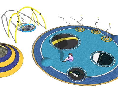 Outdoor Playground Equipment with Swings Trampolines Circular Play Areas on Blue Floor for Children Playing 3d model