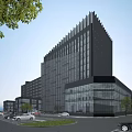Modern High Rise Office Building With Glass Curtain Wall And Surrounding Trees