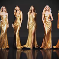 Five Women In Gold Sequin Dresses Posing For Fashion Photography