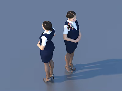 Two Women In Navy Blue Uniforms Standing In Heels With White Shirts And Professional Posture 3d model