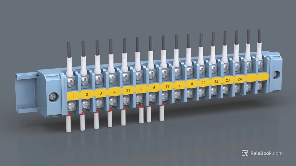 Blue Terminal Block With White Terminals Yellow Labels Numbered 1 To 24 3d model 