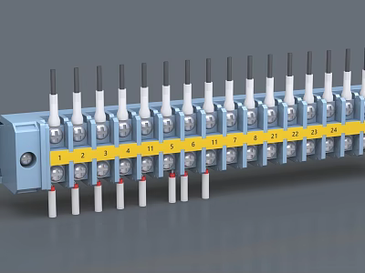 Blue Terminal Block With White Terminals Yellow Labels Numbered 1 To 24 3d model