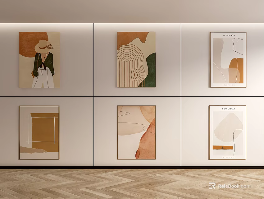 Minimalist Decorative Paintings Wall Display With Neutral Tones And Herringbone Wooden Floor 3d model 