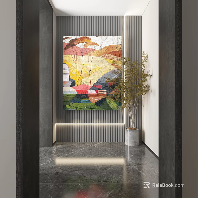 Colorful Abstract Painting And Green Plant In Modern Corridor With Marble Floor And Striped Walls 3d model 