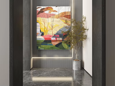 Colorful Abstract Painting And Green Plant In Modern Corridor With Marble Floor And Striped Walls 3d model