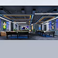 Modern Billiard Room Interior With Multiple Tables Ceiling Lighting And Decorative Plants 3d model
