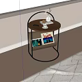 Round Wooden Top Bedside Table with Metal Frame Storage Shelf Eyeglasses Coffee Cup and Books