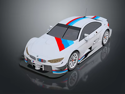 White BMW Race Car With Red And Blue Stripes Sporty Aerodynamic Design 3d model